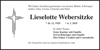 Traueranzeige von Lieselotte Webersitzke von Ansbach