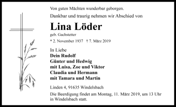 Traueranzeige von Lina  Löder von Fränkische Landeszeitung