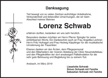 Traueranzeige von Lorenz Schwab von Ansbach
