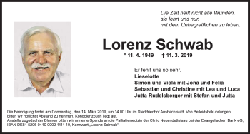 Traueranzeige von Lorenz Schwab von Ansbach