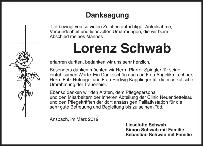 Traueranzeige für Lorenz Schwab vom 23.03.2019 aus Ansbach