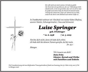 Traueranzeige von Luise Springer von Dinkelsbühl/ Feuchtwangen