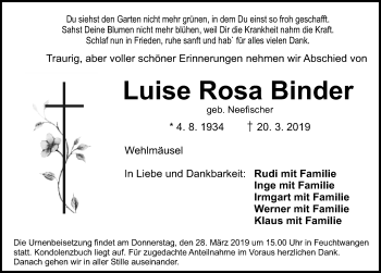 Traueranzeige von Luise Rosa Binder von Dinkelsbühl/ Feuchtwangen