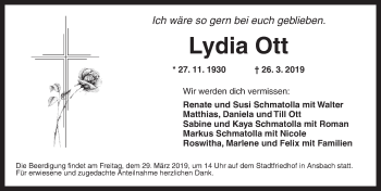 Traueranzeige von Lydia Ott von Ansbach