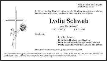 Traueranzeige von Lydia Schwab von Dinkelsbühl/ Feuchtwangen