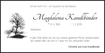 Traueranzeige von Magdalena Kandlbinder von Ansbach