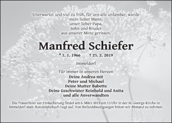 Traueranzeige von Manfred Schiefer von Ansbach