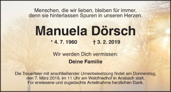 Traueranzeige von Manuela Dörsch von Ansbach