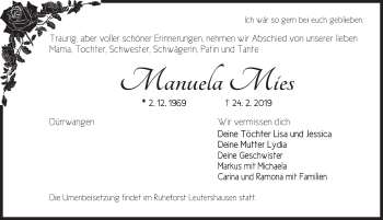 Traueranzeige von Manuela Mies von Dinkelsbühl/ Feuchtwangen