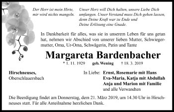 Traueranzeige von Margareta Bardenbacher von Neustadt/ Scheinfeld/ Uffenheim