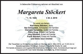 Traueranzeige von Margareta Stöckert von Ansbach