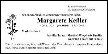 Traueranzeige von Margarete Keßler von Neustadt/ Scheinfeld/ Uffenheim