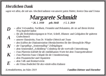 Traueranzeige von Margarete Schmidt von Ansbach