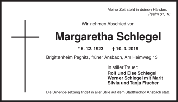 Traueranzeige von Margaretha Schlegel von Ansbach