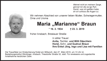 Traueranzeige von Maria Braun von Ansbach