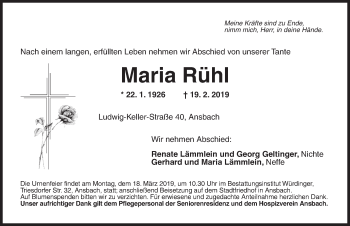 Traueranzeige von Maria Rühl von Ansbach
