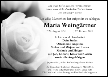 Traueranzeige von Maria Weingärtner von Rothenburg