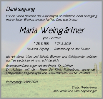 Traueranzeige von Maria Weingärtner von Rothenburg