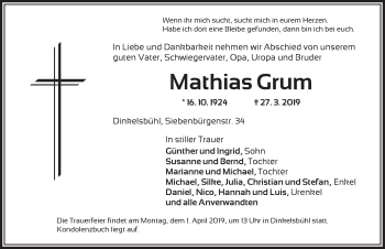 Traueranzeige von Mathias Grum von Dinkelsbühl/ Feuchtwangen