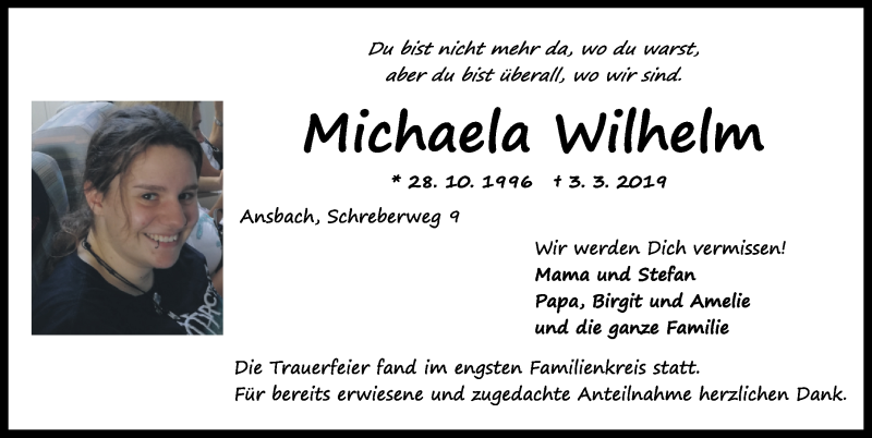  Traueranzeige für Michaela Wilhelm vom 23.03.2019 aus Ansbach