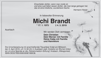 Traueranzeige von Michi Brandt von Ansbach