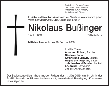 Traueranzeige von Nikolaus Bußfinger von Ansbach