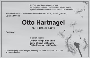 Traueranzeige von Otto Hartnagel von Dinkelsbühl/ Feuchtwangen