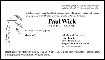 Traueranzeige von Paul Wick von Neustadt/ Scheinfeld/ Uffenheim