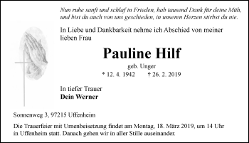 Traueranzeige von Pauline Hilf von Neustadt/ Scheinfeld/ Uffenheim