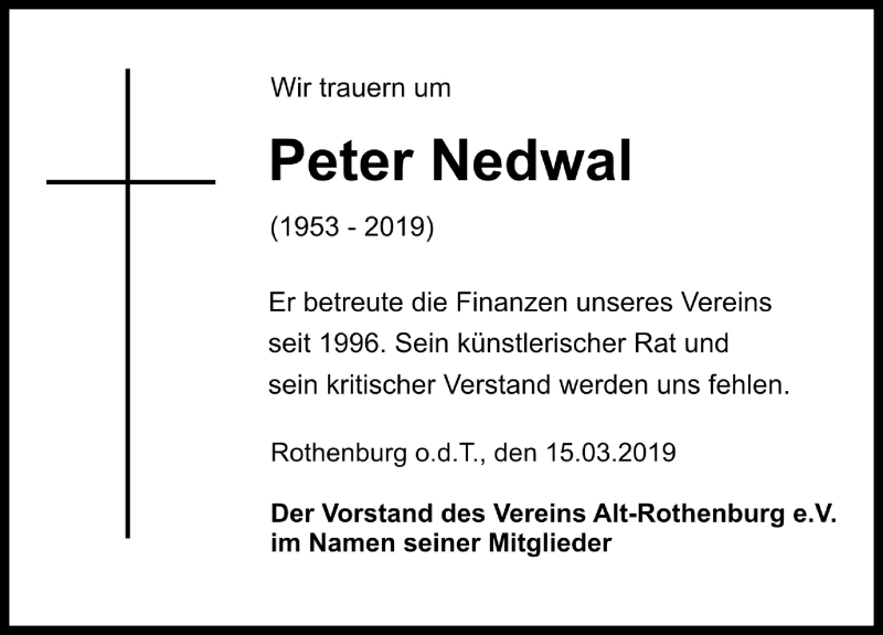  Traueranzeige für Peter Nedwal vom 15.03.2019 aus Rothenburg