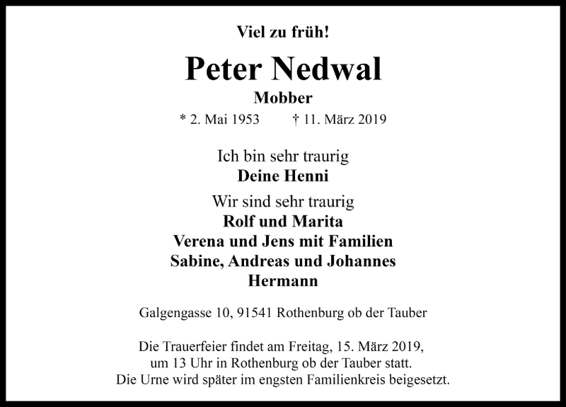  Traueranzeige für Peter Nedwal vom 13.03.2019 aus Rothenburg