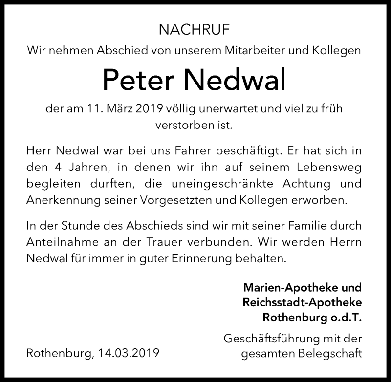  Traueranzeige für Peter Nedwal vom 14.03.2019 aus Rothenburg