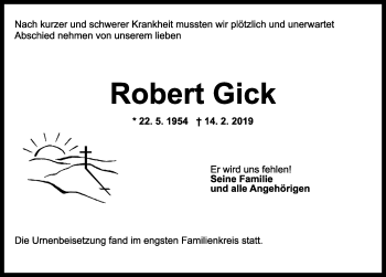 Traueranzeige von Robert Gick von Ansbach