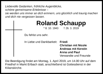 Traueranzeige von Roland Schaupp von Neustadt/ Scheinfeld/ Uffenheim