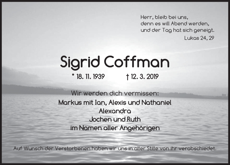  Traueranzeige für Sigrid Coffman vom 19.03.2019 aus Ansbach