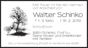 Traueranzeige von Walter Schinko von Dinkelsbühl/ Feuchtwangen