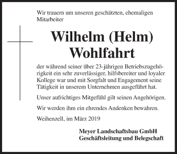 Traueranzeige von Wilhelm Wohlfahrt von Ansbach