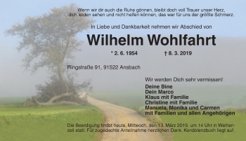 Traueranzeige von Wilhelm Wohlfahrt von Dinkelsbühl/ Feuchtwangen