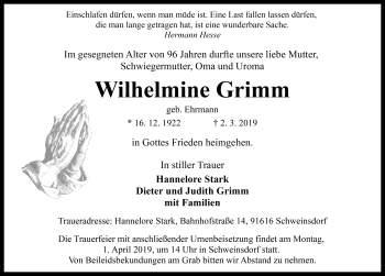 Traueranzeige von Wilhelmine Grimm von Rothenburg