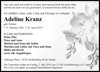 Traueranzeige von Adeline Kranz von Rothenburg