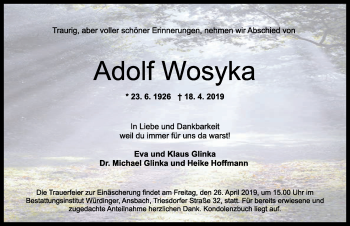 Traueranzeige von Adolf Wosyka von Ansbach