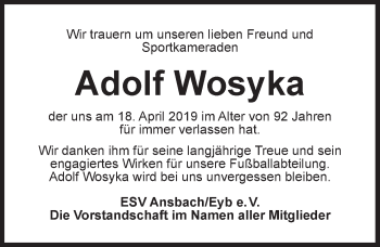 Traueranzeige von Adolf Wosyka von Ansbach