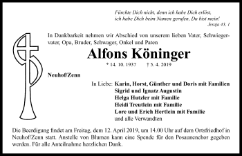 Traueranzeige von Alfons Köninger von Neustadt/ Scheinfeld/ Uffenheim