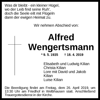 Traueranzeige von Alfred Wengertsmann von Neustadt/ Scheinfeld/ Uffenheim