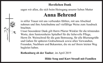 Traueranzeige von Anna Behrend von Rothenburg