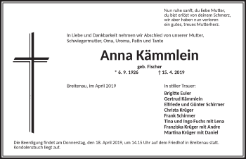 Traueranzeige von Anna Kämmlein von Dinkelsbühl/ Feuchtwangen