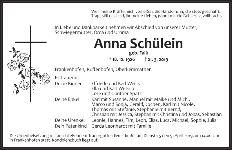  Traueranzeige für Anna Schülein vom 08.04.2019 aus Dinkelsbühl/ Feuchtwangen