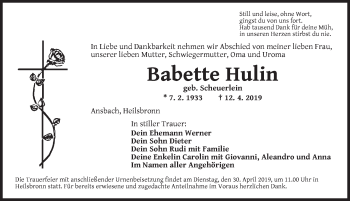 Traueranzeige von Babette Hulin von Ansbach