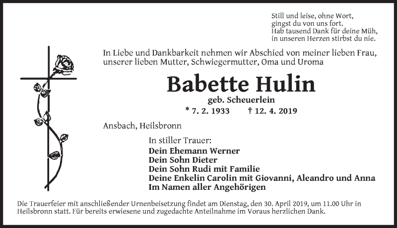  Traueranzeige für Babette Hulin vom 27.04.2019 aus Ansbach