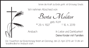 Traueranzeige von Berta Molitor von Ansbach